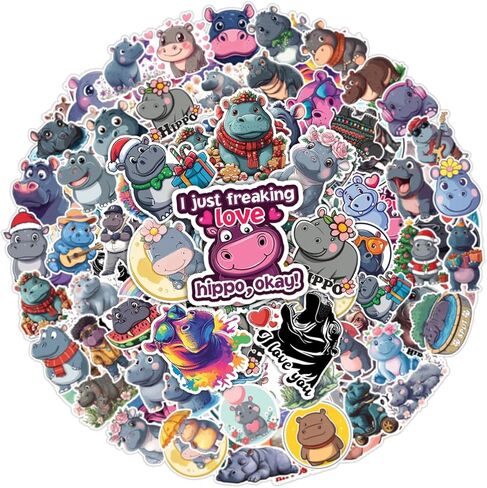 100PCS Hippo Stickers – Funny Hippopotamus Stickers Pack for Water Bottles, Laptop, Scrapbook, Journaling, Party Favors, Waterproof Vinyl Animal Stickers in Kuwait