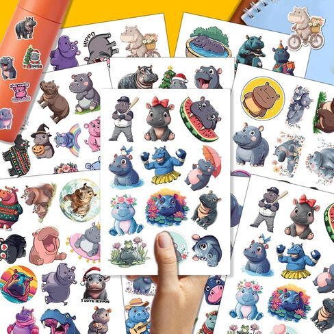 100PCS Hippo Stickers – Funny Hippopotamus Stickers Pack for Water Bottles, Laptop, Scrapbook, Journaling, Party Favors, Waterproof Vinyl Animal Stickers in Kuwait