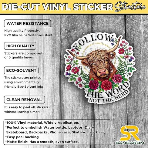Follow The Word Not The Herd Sticker Bible Verse Western Christian Cowgirl Highland Cow Decal Waterproof Die Cut Vinyl & Transparent DTF Decal for Laptop Helmet Car Cup Phone Tablet for Male Female in Saudi Arabia