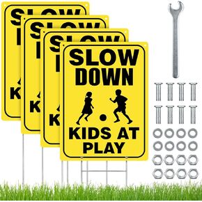 زونون 4 قطع لافتات سلامة للأطفال في اللعب مع سلك معدني على شكل حرف H Stakes Caution Kids at Play، لافتات تباطؤ عاكسة للأحياء مقاومة للماء، 16 انش × 12 انش in Kuwait