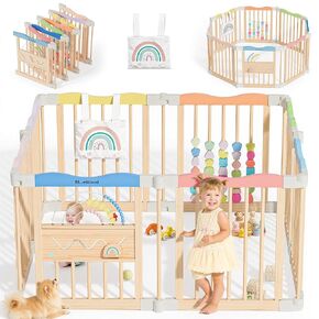 روضة أطفال خشبية قابلة للطي - ساحة لعب أطفال خشبية قابلة للتعديل، سياج أمان كبير داخلي للرضع والأطفال الصغار - سهل التجميع، 45 × 45 × 24 بوصة، حلم ملون in Kuwait
