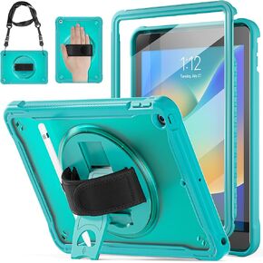 حافظة BRAECNstock لجهاز iPad 9th/ 8th/ 7th من الجيل 10.2 بوصة 2021/2020/2019، غطاء مقاوم للصدمات مع حزام يد/حامل يدور 360 درجة، واقي شاشة، حزام كتف للحمل، حامل قلم رصاص، (كاكي) in Kuwait