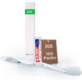 ايكو امينتيز مجموعة فرش اسنان للسفر - فرشاة اسنان يدوية للاستعمال مرة واحدة مع معجون اسنان في صندوق ورقي مغلف بشكل فردي، 100 مجموعة في كل علبة - فرشاة اسنان ومعجون اسنان للسفر للفنادق والضيافة in Kuwait