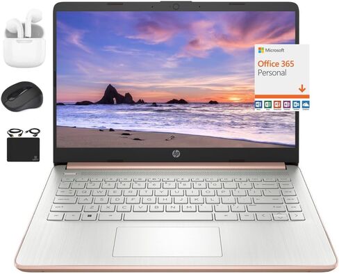 HP 2024 14" Laptop Notebook Thin Light for Students Business, Quad-Core Intel N4120, 4GB RAM, 128GB (64GB eMMC+ 64GB Card), 1 Year Office 365, Webcam, WiFi, Windows 11S, HubxcelAccessory White in Kuwait