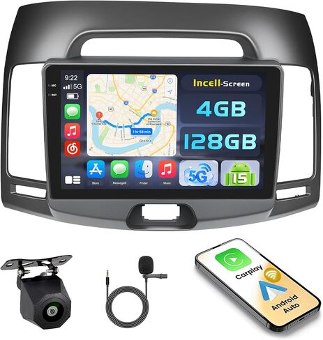 [4+128G] Android 15 Car Stereo for Hyundai Elantra 2007-2010, Hikity 9'' in-Cell Touchscreen Elantra Radio Wireless Carplay Android Auto 5G WiFi/Bluetooth/Mirror Link GPS SWC FM/RDS/EQ Backup Cam+Mic in Kuwait