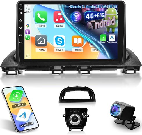 [4+64G] راديو سيارة NHOPEEW لسيارة Mazda 3 Axela 2014-2019 مع Carplay اللاسلكي وAndroid Auto - شاشة لمس HD 9 بوصة ستيريو Android للسيارة - EQ Audio/WiFi/GPS/SWC/Bluetooth + كاميرا احتياطية AHD in Saudi Arabia
