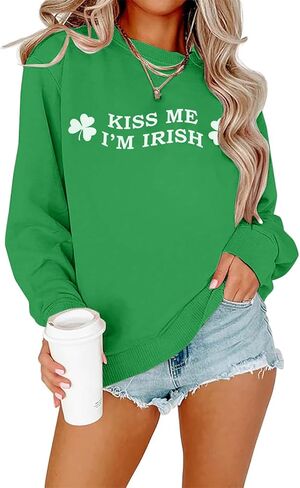 سويت شيرت ALLTB St. Patrick's Day للنساء Lucky Shamrock Graphic قميص طويل الأكمام للمهرجانات الأيرلندية والعطلات in Saudi Arabia