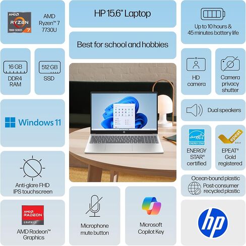 HP Pavilion 15.6" FHD Touchscreen Business Laptop, AMD Ryzen 7 7730U, 16GB RAM, 512GB PCIe SSD, Numeric Keypad, Webcam, Wi-Fi 6, HDMI, Windows 11, W/Mouse in Saudi Arabia