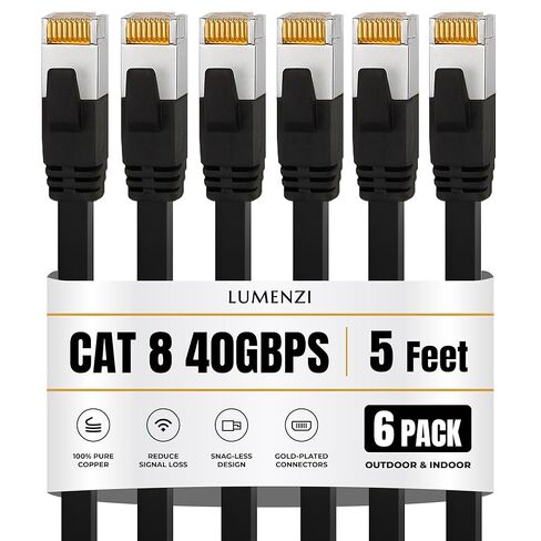 كابل إيثرنت مسطح Cat8 بطول 5 أقدام، حزمة من 6 قطع، سلك تصحيح الشبكة بسرعة 40 جيجابت في الثانية بسرعة 2000 ميجا هرتز، كابل LAN محمي S/FTP مع موصلات RJ45، للألعاب، جهاز التوجيه، المودم، الكمبيوتر المحمول in Kuwait