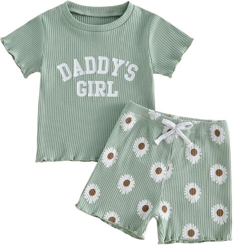 Toddler Baby Girl Summer Clothes Daddys Girl Short Sleeve T-Shirts Tops Daisy Shorts Set 6 12 18 24 Month 2T 3T in Saudi Arabia