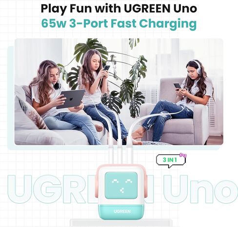 UGREEN Charger Bundle: Uno 65W 3-Port GaN Compact USB C Charging Block + Uno 30W Compact Robot GaN Fast Charger (Pink Blue), Compatible with MacBook Pro/Air, XPS 13, iPhone 16/15/14, Galaxy S25/S24/S2 in Saudi Arabia