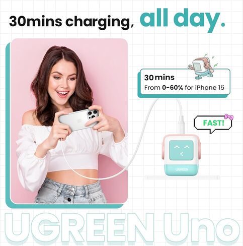 UGREEN Charger Bundle: Uno 65W 3-Port GaN Compact USB C Charging Block + Uno 30W Compact Robot GaN Fast Charger (Pink Blue), Compatible with MacBook Pro/Air, XPS 13, iPhone 16/15/14, Galaxy S25/S24/S2 in Saudi Arabia