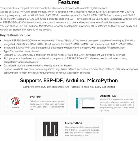 وحدة تحكم Waveshare ESP32-S3، لوحة تطوير Wi-Fi 2.4 جيجا هرتز، معالج ثنائي النواة 240 ميجا هرتز، وحدة ESP32-S3-WROOM، فلاش 32 ميجا بايت وذاكرة PSRAM 16 ميجا بايت in Kuwait