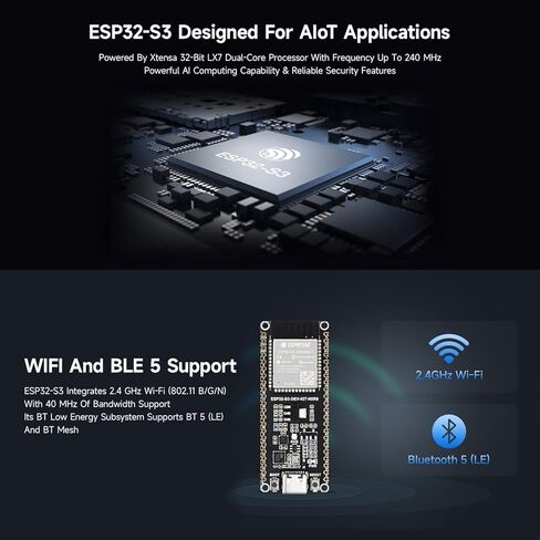 وحدة تحكم Waveshare ESP32-S3، لوحة تطوير Wi-Fi 2.4 جيجا هرتز، معالج ثنائي النواة 240 ميجا هرتز، وحدة ESP32-S3-WROOM، فلاش 32 ميجا بايت وذاكرة PSRAM 16 ميجا بايت in Kuwait