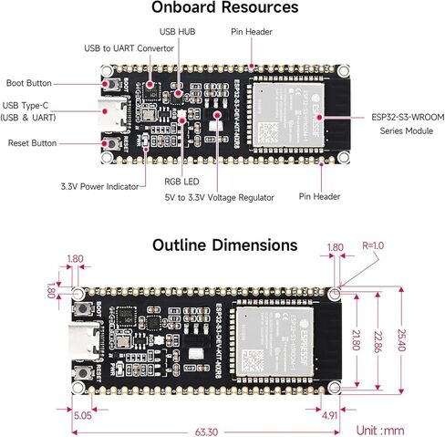 وحدة تحكم Waveshare ESP32-S3، لوحة تطوير Wi-Fi 2.4 جيجا هرتز، معالج ثنائي النواة 240 ميجا هرتز، وحدة ESP32-S3-WROOM، فلاش 32 ميجا بايت وذاكرة PSRAM 16 ميجا بايت in Kuwait