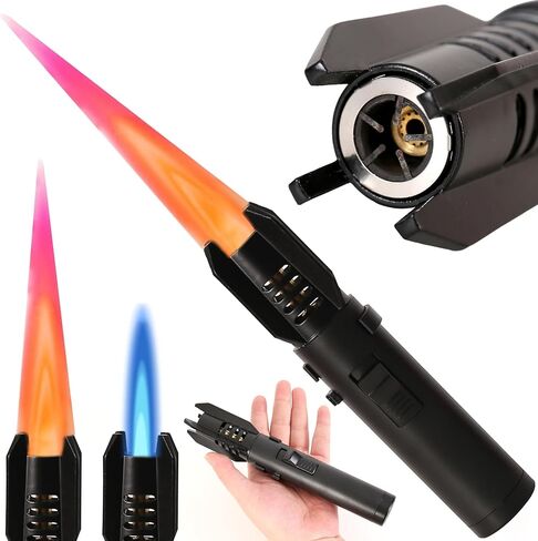Torch Lighter,Camping Lighter, Straight Flame Bright Fire Refillable Windproof Adjustable Color with Safety Lock for Campfires Kitchen Hiking Candles Fireplace BBQ Outdoor Essentials (Black) in Saudi Arabia