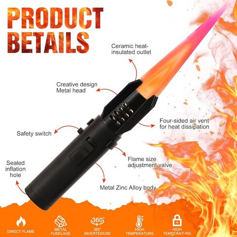 Torch Lighter,Camping Lighter, Straight Flame Bright Fire Refillable Windproof Adjustable Color with Safety Lock for Campfires Kitchen Hiking Candles Fireplace BBQ Outdoor Essentials (Black) in Saudi Arabia