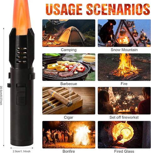 Torch Lighter,Camping Lighter, Straight Flame Bright Fire Refillable Windproof Adjustable Color with Safety Lock for Campfires Kitchen Hiking Candles Fireplace BBQ Outdoor Essentials (Black) in Saudi Arabia