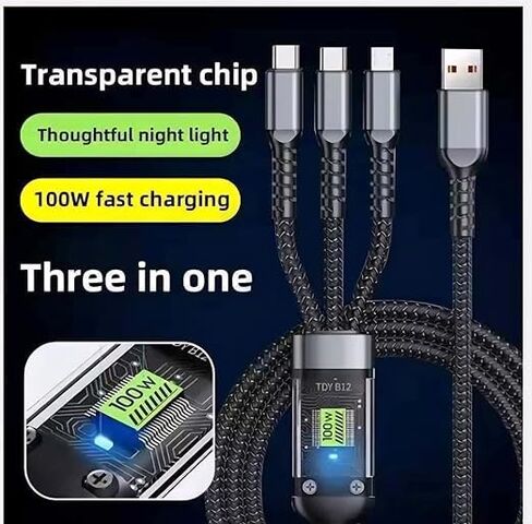 3-in-1 Multifunctional Charging Cable, 100W Fast Charging with LED Light, Suitable for Various Devices (1.2M-100W) in Saudi Arabia