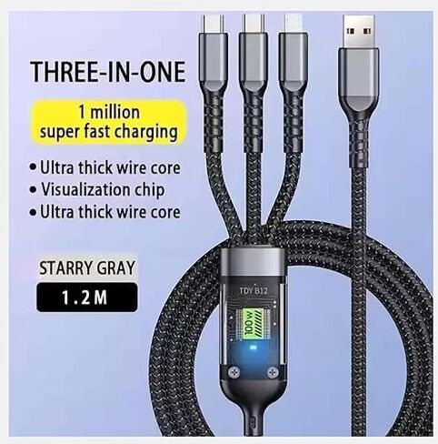 3-in-1 Multifunctional Charging Cable, 100W Fast Charging with LED Light, Suitable for Various Devices (1.2M-100W) in Saudi Arabia