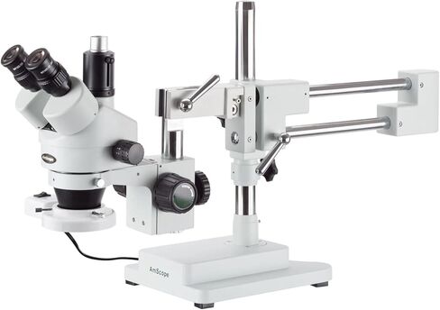 AmScope SM-4TPX-FRL 3.5X-45X مجهر تكبير ستيريو ثلاثي البؤر مع ضوء حلقة فلورسنت 8 وات على حامل ذراع مزدوج in Saudi Arabia