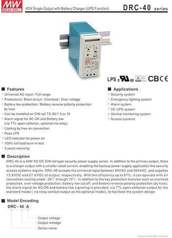 MEAN WELL DRC-40B 27.6V 0.95A 0.5A 40.02W Single Output with Battery Charger (UPS Function) Security Series in Saudi Arabia