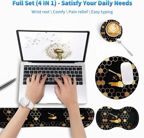 Keyboard Wrist Rest Pad, Mouse Pad and Mouse Wrist Support Plus Cup Coaster for Gaming and Office, Comfortable for Easy Typing and Pain Relief, Honeycomb Bee in Kuwait