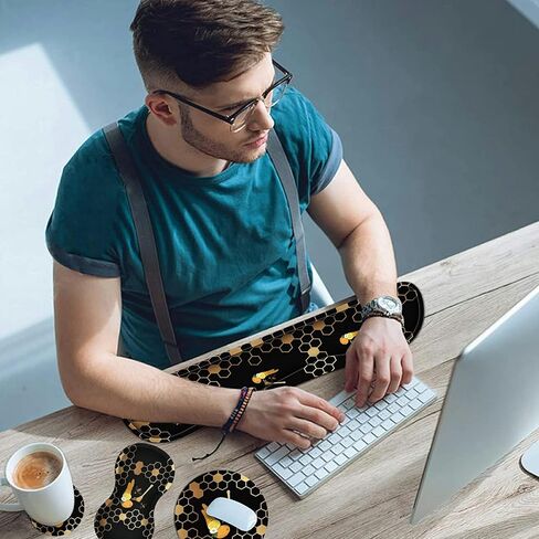 Keyboard Wrist Rest Pad, Mouse Pad and Mouse Wrist Support Plus Cup Coaster for Gaming and Office, Comfortable for Easy Typing and Pain Relief, Honeycomb Bee in Kuwait