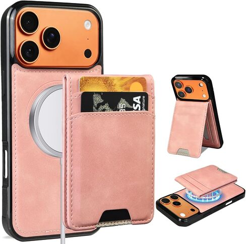 حافظة محفظة MagSafe لهاتف iPhone 17 Pro Max، محفظة جلدية مغناطيسية قابلة للفصل مع حامل بطاقة ومسند، حافظة هاتف واقية نحيفة متوافقة مع iPhone 17 Pro Max. لون القرنفل in Kuwait