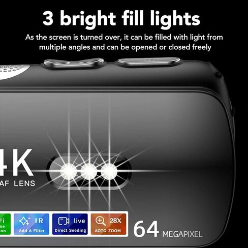 Yunir 4K Video Camera, 64MP Camcorder with WiFi, 3 Inch Rotation Screen Digital Video Recorder with LED Fill Light for Travel and Vlogging in Saudi Arabia