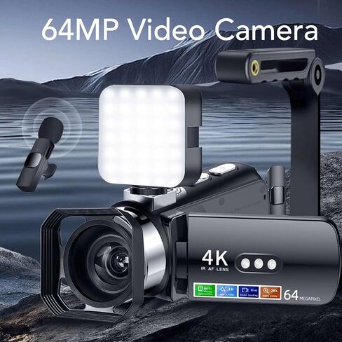 Yunir 4K Video Camera, 64MP Camcorder with WiFi, 3 Inch Rotation Screen Digital Video Recorder with LED Fill Light for Travel and Vlogging in Saudi Arabia