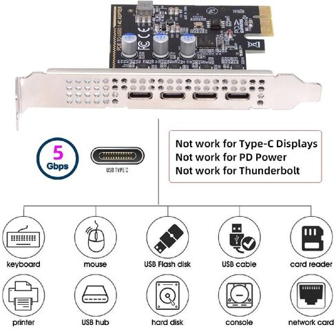 cablecc 5Gbps Four Ports USB3.1 Gen1 Type-C USB-C Female to PCI-E Express 1x Card Adapter uPD720201 with Low Profile Bracket in Saudi Arabia