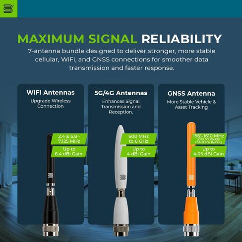 مجموعة ترقية هوائي بولتون دارت | 7 حزمة هوائي | 4X 5G/4G LTE خلوي، 2X WiFi، 1x GNSS | هوائيات مدمجة وعالية الأداء لأجهزة التوجيه الخلوية (4 خلايا، 2 WiFi، 1 GPS، أسود) in Kuwait