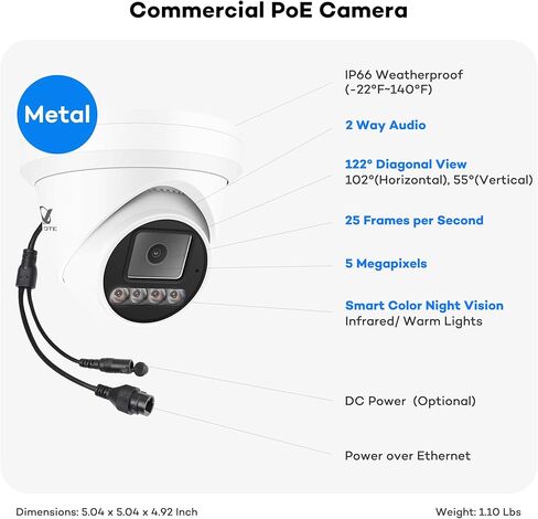 ONWOTE 5MP PoE IP Security Camera, 2 Way Audio, Smart Color Night Vision, AI Human Vehicle Detection, 122° Wide View, Indoor/Outdoor, Commercial Wired CCTV for Business Home, Add-on to PoE NVR System in Saudi Arabia