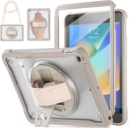 حافظة BRAECNstock لجهاز iPad 9th/ 8th/ 7th من الجيل 10.2 بوصة 2021/2020/2019، غطاء مقاوم للصدمات مع حزام يد/حامل يدور 360 درجة، واقي شاشة، حزام كتف للحمل، حامل قلم رصاص، (كاكي) in Kuwait