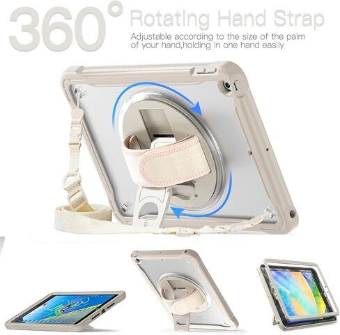 حافظة BRAECNstock لجهاز iPad 9th/ 8th/ 7th من الجيل 10.2 بوصة 2021/2020/2019، غطاء مقاوم للصدمات مع حزام يد/حامل يدور 360 درجة، واقي شاشة، حزام كتف للحمل، حامل قلم رصاص، (كاكي) in Kuwait