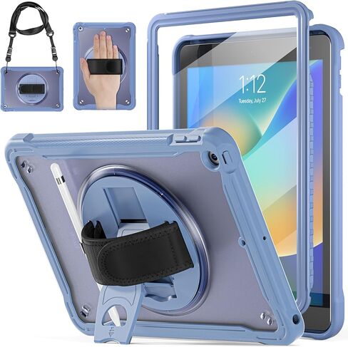 حافظة BRAECNstock لجهاز iPad 9th/ 8th/ 7th من الجيل 10.2 بوصة 2021/2020/2019، غطاء مقاوم للصدمات مع حزام يد/حامل يدور 360 درجة، واقي شاشة، حزام كتف للحمل، حامل قلم رصاص، (كاكي) in Kuwait