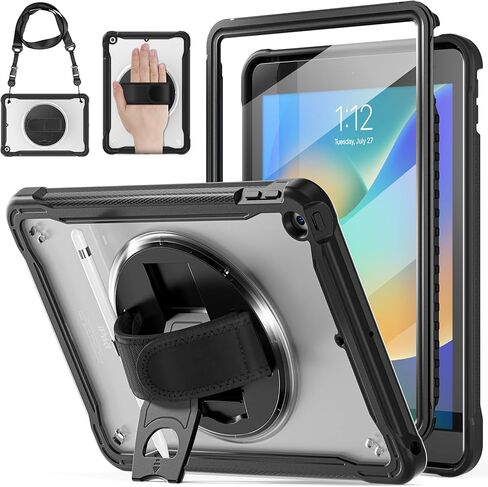 حافظة BRAECNstock لجهاز iPad 9th/ 8th/ 7th من الجيل 10.2 بوصة 2021/2020/2019، غطاء مقاوم للصدمات مع حزام يد/حامل يدور 360 درجة، واقي شاشة، حزام كتف للحمل، حامل قلم رصاص، (كاكي) in Kuwait