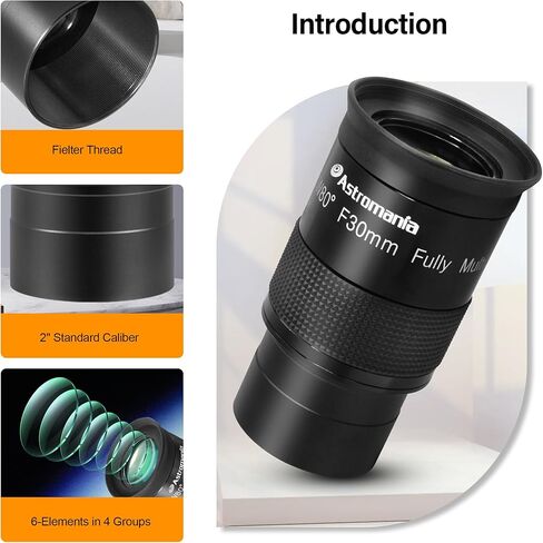 عدسة عينية Astromania 2 بوصة واسعة للغاية 80 درجة F30mm - حزمة مع - 2 بوصة بؤرة حلزونية صغيرة مع خيط M48 ومقياس 0.1 مم للتلسكوب in Saudi Arabia
