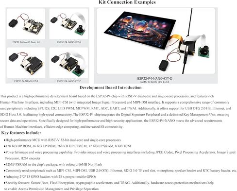 لوحة تطوير ESP32-P4-NANO، تستخدم شريحة ESP32-P4 مع معالجات RISC-V ثنائية النواة وأحادية النواة، واجهات الإنسان والآلة: MIPI-CSI، MIPI-DSI، USB، ETH، إلخ. تأتي مع مكبر صوت in Saudi Arabia