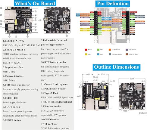 لوحة تطوير ESP32-P4-NANO، تستخدم شريحة ESP32-P4 مع معالجات RISC-V ثنائية النواة وأحادية النواة، واجهات الإنسان والآلة: MIPI-CSI، MIPI-DSI، USB، ETH، إلخ. تأتي مع مكبر صوت in Saudi Arabia