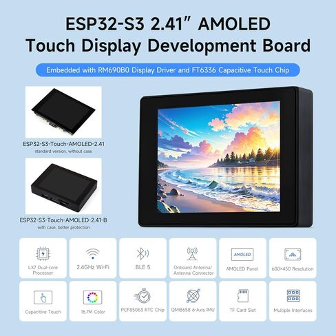 Waveshare ESP32-S3 2.41inch AMOLED Touch Display Development Board, 600×450, 32-bit LX7 Dual-core Processor, Onboard Accelerometer and Gyroscope Sensor, ESP32 with Display, with Case in Kuwait