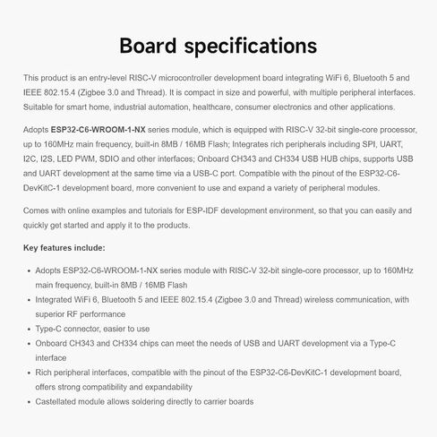 وحدة تحكم Waveshare ESP32-C6، لوحة تطوير WiFi 6، معالج أحادي النواة 160 ميجاهرتز، وحدة سلسلة ESP32-C6-WROOM-1-NX، تدعم تطوير USB وUART، فلاش 16 ميجابايت in Saudi Arabia