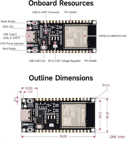 وحدة تحكم Waveshare ESP32-C6، لوحة تطوير WiFi 6، معالج أحادي النواة 160 ميجاهرتز، وحدة سلسلة ESP32-C6-WROOM-1-NX، تدعم تطوير USB وUART، فلاش 16 ميجابايت in Saudi Arabia