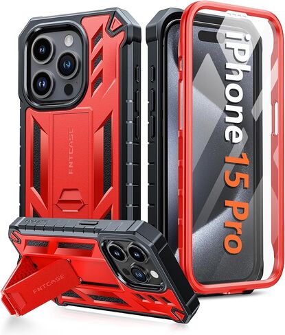 FNTCASE for iPhone 15 Pro Case: Military Grade Drop Proof Rugged Protective Cell Phone Cover with Kickstand & Built-in Protector | Matte Textured Shockproof TPU Hybrid Bumper Cases (Black) in Saudi Arabia