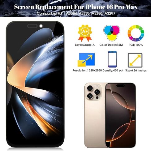 TFT for iPhone 16 Pro Max Screen Replacemet for iPhone 16 Pro Max LCD Display for iPhone 16 Pro Max A3296 A3084 A3295 A3297 Touch Screen Digitizer Assembly Repair Kits (Black, Not Original) in Kuwait