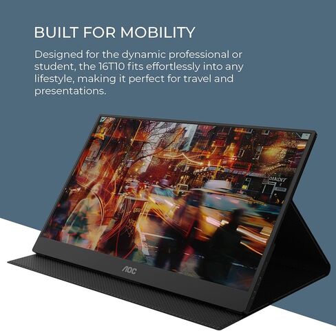 AOC 16T10 Portable Monitor 15.6 Inch FHD 1920x1080, IPS Panel, USB Type C x2,Mini HDMI x1, Smart Cover Included (Renewed) in Saudi Arabia