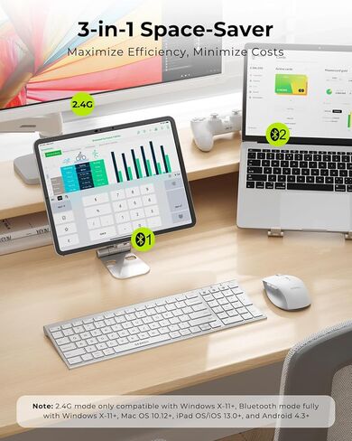 seenda Wireless Bluetooth Keyboard and Mouse Combo, COE401 Rechargeable Slim Keyboard Mouse, 3 Multi-Device Connection, Compact Quiet Set Compatible for Mac/Windows Laptop MacBook iPad, White Silver in Kuwait