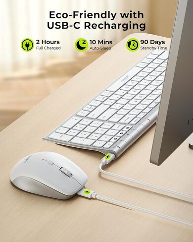 seenda Wireless Bluetooth Keyboard and Mouse Combo, COE401 Rechargeable Slim Keyboard Mouse, 3 Multi-Device Connection, Compact Quiet Set Compatible for Mac/Windows Laptop MacBook iPad, White Silver in Kuwait
