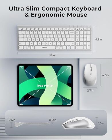 seenda Wireless Bluetooth Keyboard and Mouse Combo, COE401 Rechargeable Slim Keyboard Mouse, 3 Multi-Device Connection, Compact Quiet Set Compatible for Mac/Windows Laptop MacBook iPad, White Silver in Kuwait